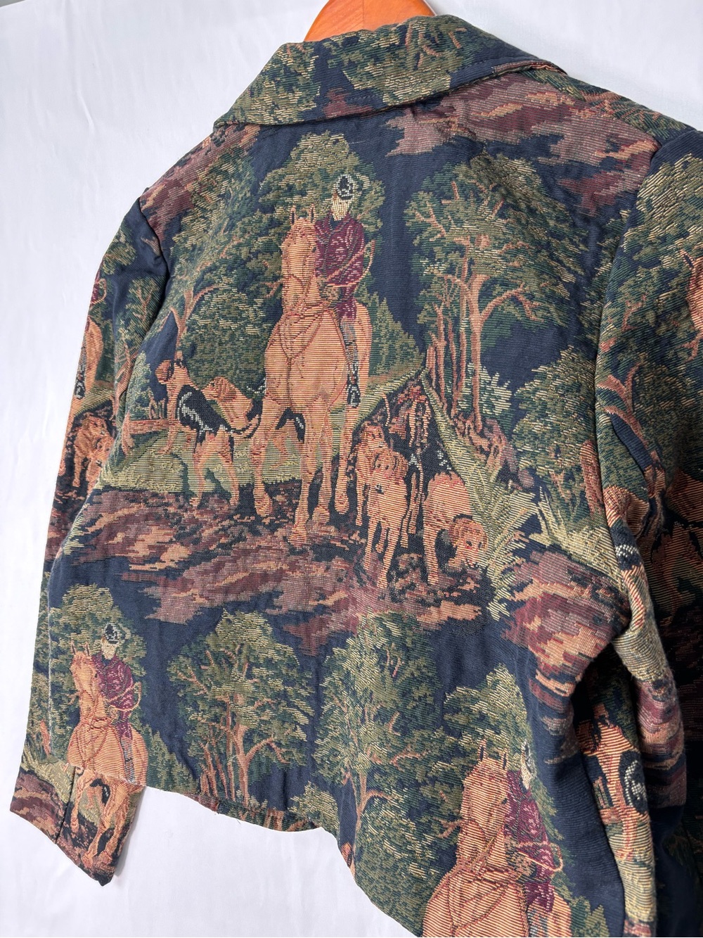 Wooded River Tapestry Equestrian Crop Blazer Horse Dog Size S Green Brown Idaho - Picture 5 of 6